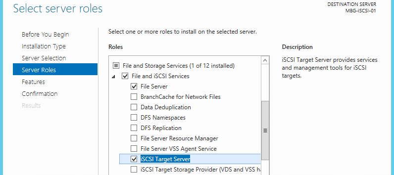 7. Select iSCSI Target Server role