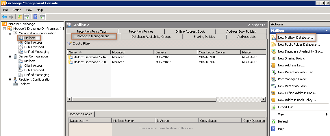 Create Mailbox Database in Exchange 2010